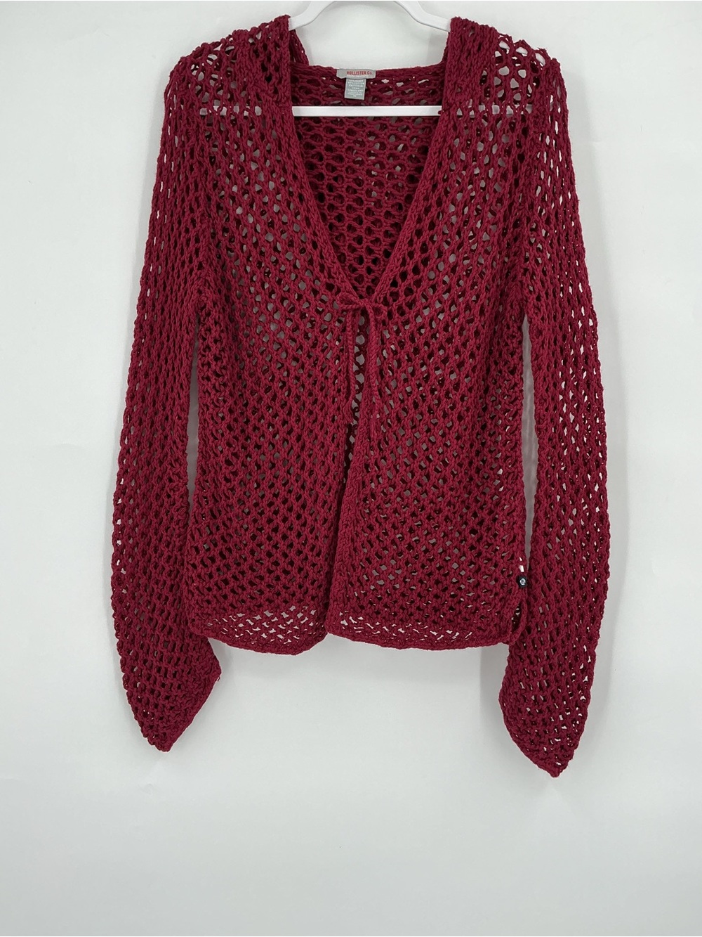 Hollister Open-Knit Long Sleeve Crochet tie-front Burgundy Cardigan